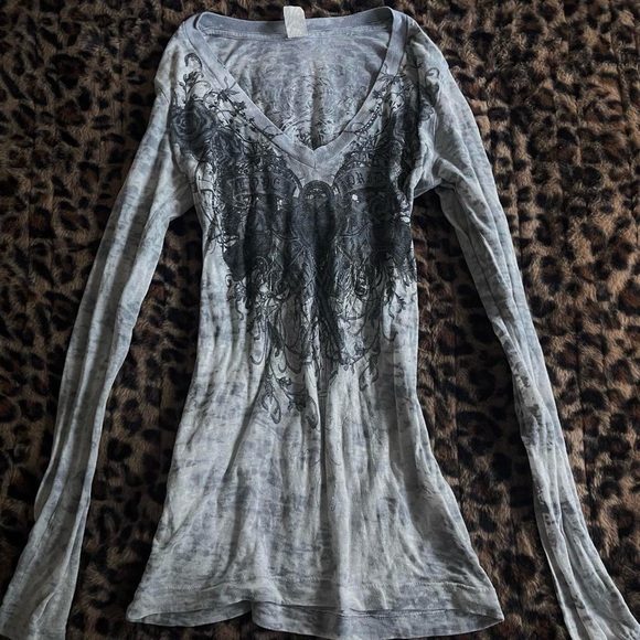 Affliction Tops - Affliction Style White/Grey Long Sleeve V-Neck Tee